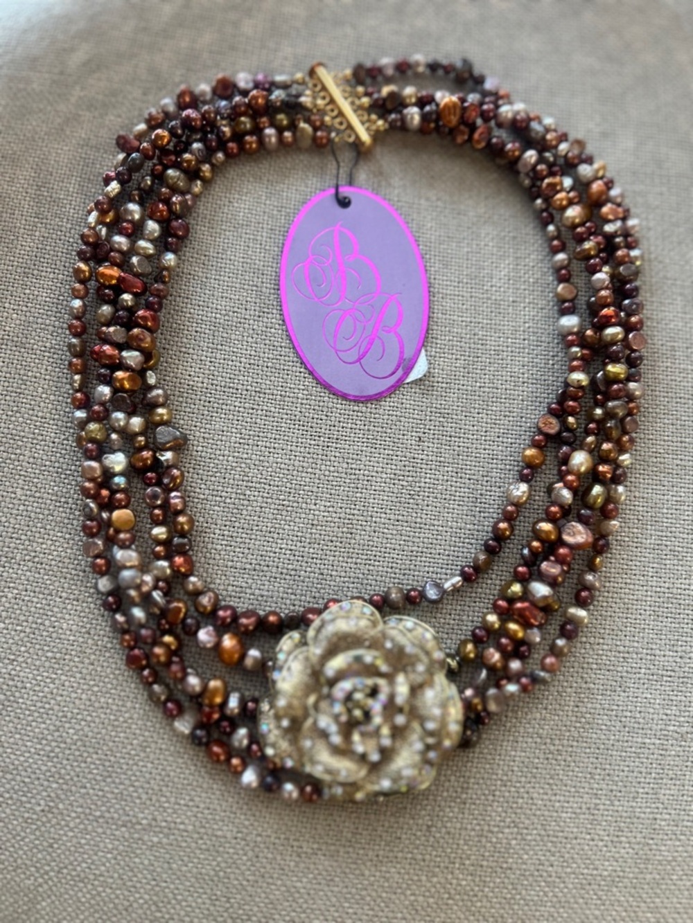 Multi-Strand Beaded Necklace with Floral Pendant - Brown & Gold
